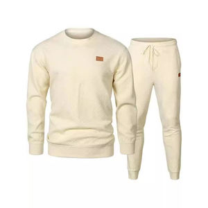 Survêtement de jogging d'hiver pour homme en coton tricoté 100 % avec logo imprimé par transfert thermique personnalisé, 2 t-shirts décontractés pour adulte, tenue de sport avant - Product Image 1