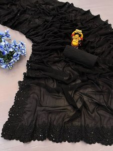 Priyanka <span class=keywords><strong>Chopra</strong></span> lấy cảm hứng từ nặng tinh khiết 60 60 georgette vải tuyệt đẹp màu đen dài một phút draped Saree để bán - Product Image 5