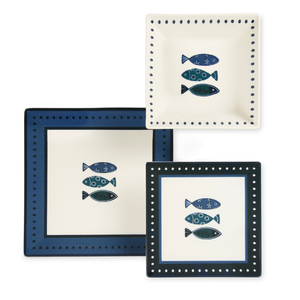 Service de vaisselle carré en céramique de 18 pièces, assiettes Ocean par Excelsa, technique d'impression numérique, thème marin méditerranéen multicolore - Product Image 3