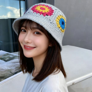 Crochet Unisex Elegant Floral Cotton <b>Sunscreen</b> Hand-Knitted Autumn Winter Warm Bucket Hat Character Stylish Casual - Product Image 2