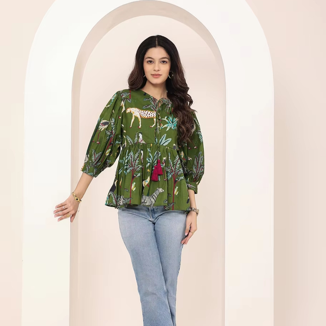Green Tropical Print Balloon Sleeve Peplum Cotton Top Stylish Peplum Design With Statement Balloon Sleeves Green Tropical Print