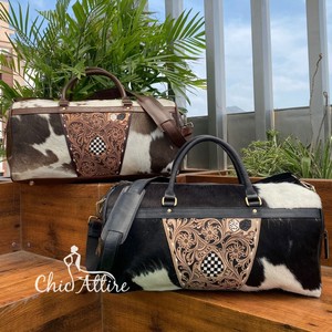 Usine grand sac de voyage Weekender Floral en cuir de vachette véritable sac de sport en cuir repoussé à la main avec organisateur de planche à carreaux léger - Product Image 1