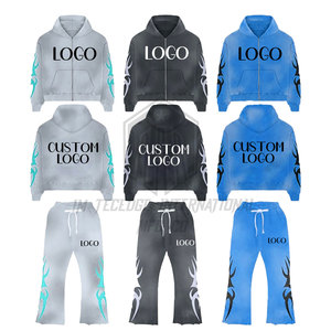 Logo personnalisé coupe normale impression zip lavage acide évasé pantalon de survêtement et sweat à capuche ensemble survêtement de haute qualité pour hommes - Product Image 2