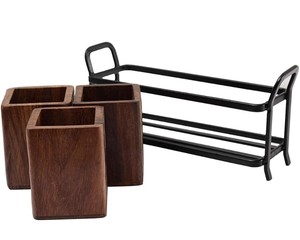 Soporte de madera rústico hecho a mano de un solo nivel, soporte de madera de mango de Acacia Natural, estante de almacenamiento de herramientas de cocina hecho en La India - Product Image 4