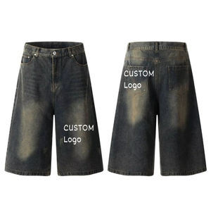 Pantalones cortos de mezclilla holgados de verano para hombre, logotipo personalizado de alta calidad, estilo callejero transpirable, tejido de punto, patrón sólido, Vintage - Product Image 1