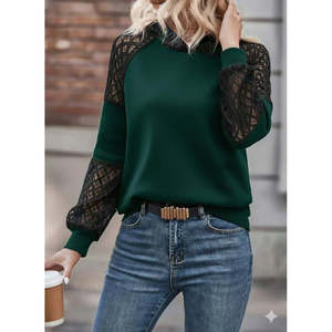 Blusa de viscosa de dos hilos con capucha y encaje de manga larga para mujer, 28981 - Verde - Product Image 2