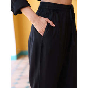 Breathable Wrinkled Wide-Leg Slub <b>Trousers</b> for Ladies <b>Elastic</b> <b>Waist</b> Mid-Rise Casual Pants - Product Image 3