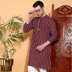 Kurta en coton marron pour homme, imprimé en zigzag, avec col Nehru et motif patti uni, conçu avec des manches longues pour un port confortable - Product Image 1