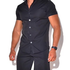 Ensemble deux pièces boutonné respirant de qualité supérieure, coupe classique, pour homme, séchage rapide, en polyester/coton molletonné, tenue décontractée d'été - Product Image 1