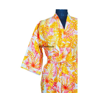 Kimono Hecho a Mano 100% Algodón para Mujer, Estampado Floral Indio, Cuello en V, Cierre con Cinturón, Manga Larga, Bata Suave y Transpirable - Product Image 4