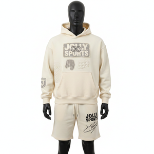 Premium 320 GSM Cotton Polyester Fleece Hoodie <b>Short</b> Set <b>Men</b> Cream Sportswear Custom Logo Chenille <b>Patch</b> Embroidery - Product Image 4