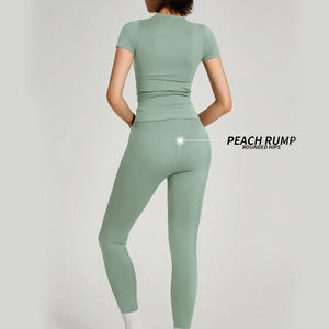 Ensemble de vêtements de sport à impression personnalisée pour femmes T-Shirt en tissu côtelé à haute élasticité Leggings respirant dentelle bouton décor solide Gym un ensemble - Product Image 2