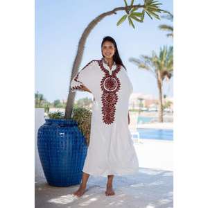 Women White Embroidered Kaftan Maxi <b>Dress</b> Ethnic Boho Floor-Length Loose Fit Eco-Friendly Natural Waist Cotton Resort Wear - Product Image 2