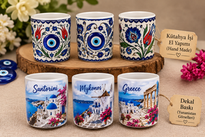 DAFNI BIG PAZAR Verres à shot en céramique modernes faits à la main, paysages grecs, motif œil turc, diversité de design, origine Istanbul - Product Image 5