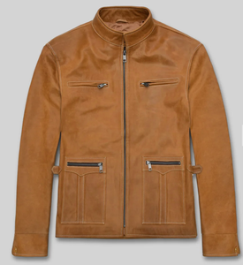 Chaqueta de Motociclista de Cuero Genuino Color Bronceado para Hombre, Cuello Alto, Cierre de Cremallera, Corte Regular, Estilo Otoñal - Product Image 3
