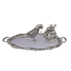 ชุดของขวัญดิวาลีทำจากโลหะมาใหม่รูปปั้นพระพุทธรูปหัวเราะพร้อมรูปวงรีถาดเสิร์ฟรูปนกแก้วสไตล์วินเทจ - Product Image 1