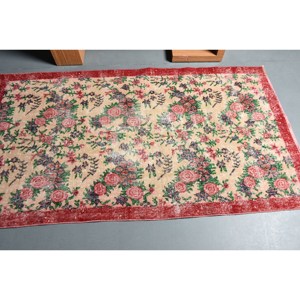 Alfombra Turca Vintage de Gran Tamaño, 3.7 x 6.6 pies, Estilo Kilim, Color Beige Rojo, Material de Lana, 10 mm, Látex Ecológico, para Comedor - Product Image 3