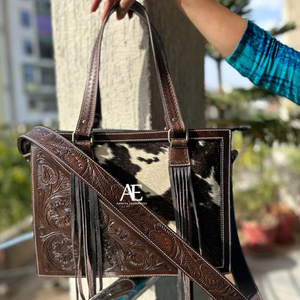 Hand <b>Tooled</b> Carving Handbag Real Cowhide <b>Leather</b> Bag Bohemian Bags New Design Fringe Bags for Women's Use - Product Image 1