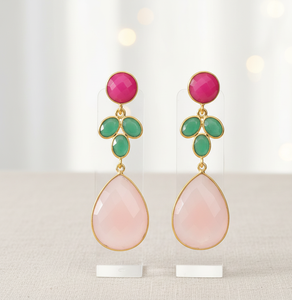 Elegant Multi-Gemstone Drop <b>Earrings</b> with Fuchsia Green Onyx Pink Chalcedony 925 Sterling Silver 18K Gold Plated <b>Dangle</b> <b>Earring</b> - Product Image 2