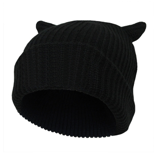 Gorros Unisex bordados logotipo personalizado sombreros de invierno de alta calidad sombrero negro sólido acanalado en blanco diablo tejido Jacquard Beanie Horn - Product Image 2