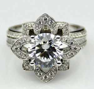 แหวนเพชรสำหรับผู้หญิง14K สีทองคำขาว4.00กะรัตสำหรับห้องแล็บทรงกลมตกแต่งดีไซน์ลายดอกไม้แหวนหมั้นของขวัญแต่งงาน - Product Image 1