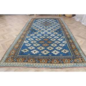 Alfombra Turca Vintage de 4.5x8.2 pies (138x249 cm), Alfombra de Lana Azul Ecológica con Parches y Base de Látex - Product Image 2