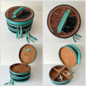 Trendy Fashionable Genuine Leather Portable Lightweight Cosmetic Vanity <b>Bag</b> <b>Hippie</b> Bohemian Western Style Hand Carving Teal Soft - Product Image 2