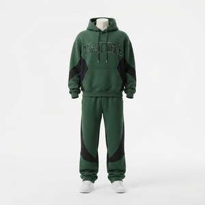 Ensemble survêtement personnalisé pour homme, vert foncé avec empiècements noirs, en molleton de coton, style streetwear, vente en gros OEM - Product Image 3