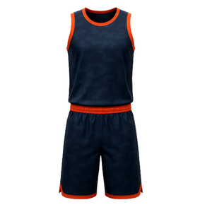 Conjunto de Uniforme de Baloncesto Azul Marino con Camuflaje Más Vendido - Jersey de Malla con Ribete Naranja y Pantalones Cortos para Equipos Adultos - Product Image 3