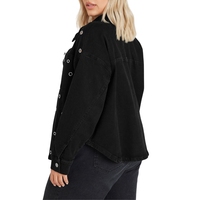 Veste en jean noire grande taille avec détails œillet clair/foncé, boutonnée sur le devant, style vintage décontracté, durable, en coton écologique, pour l'hiver