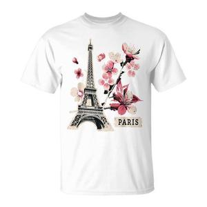 T-shirt promozionale con la Torre Eiffel di Parigi e i fiori di ciliegio - Product Image 1