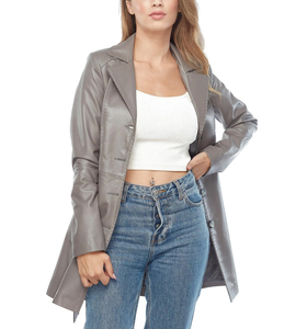 Abrigo largo de cuero genuino Abrigo de cuero gris con cinturón Gabardina de cuero de piel de cordero genuino para mujer - Product Image 2