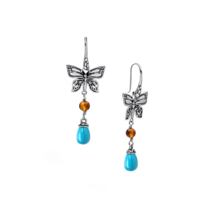 Boucles d'oreilles créoles papillon en argent sterling avec perle d'eau douce et accent diamant ambre - Bijoux de mariage et de fête - Product Image 1