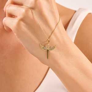 925 Sterling <b>Silver</b> Gold Plated <b>Angel</b> Wing Sword Charm Pendant Cubic Zirconia Minimalist Winged Cross Christian <b>Necklace</b> Perfect - Product Image 6