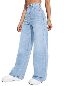 Pantalon en jean droit uni bleu clair pour femme, jean de créateur, taille mi-haute, coupe régulière, respirant, 100% coton, ceinture brodée - Product Image 5
