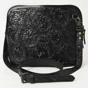 Bolso cruzado de piel auténtica hecho a mano para mujer, correa ajustable con relieve Floral occidental de cuero negro para mujer para otoño - Product Image 1