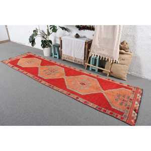 Turkish Vintage Rug, 3.1x10.8 ft Herki Rug, <b>Red</b> Plants & trees <b>Wool</b> Rug - Product Image 2
