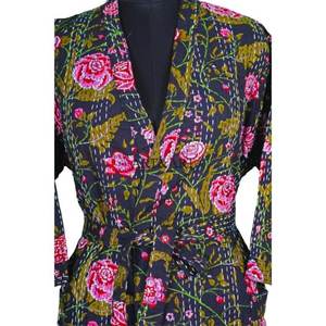 Peignoir Kimono Unisexe en Coton Kantha Thermique Respirant Élégant à Motifs Floraux Col en V Fermeture à Cordon Manches Longues pour Femme - Product Image 4