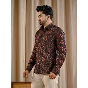 Camisa Casual Negra Estampada 100% Algodón, Cuello Mao, Diseño Floral, Tela Popelina, Moderna, Tejida, Mangas Largas - Product Image 4