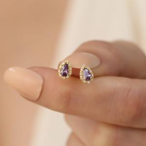 Women's Sterling <b>Silver</b> Boho Style Stud <b>Earrings</b> with Amethyst Gemstone Gold Plated Trendy Handmade <b>Wedding</b> Gift - Product Image 6