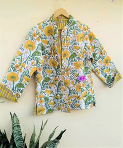 Chaqueta amarilla Floral multicolor estilo bohemio chaquetas de invierno hechas a mano bloque impreso algodón Abrigo acolchado regalo de cumpleaños para ella - Product Image 5