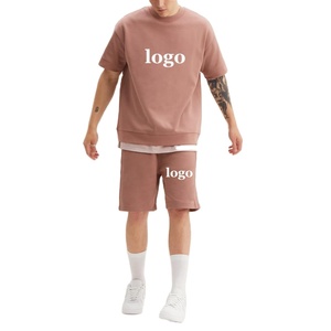 Ensemble deux pièces personnalisé de vêtements survêtement T-shirt et short à épaules tombantes en coton pima imprimé pour hommes - Product Image 1