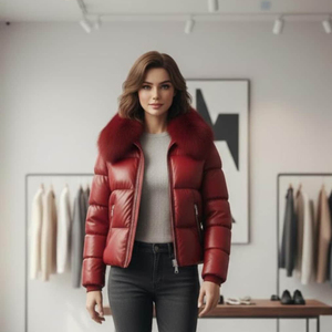 Blouson d'hiver matelassé en cuir d'agneau souple structuré pour femme avec col en fourrure, tissu respirant tissé teint, imperméable et chaud - Product Image 3
