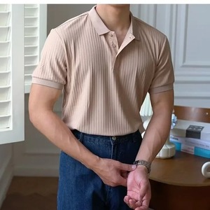 Summer Vintage Men's Short Sleeve for Polo Shirt 100% Cotton New Trendy Casual Knitted Lapel T-shirt Striped Solid Color - Product Image 6