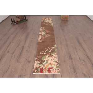 Turkish Rug, 1.6x9.8 ft Vintage Rug, <b>Brown</b> Check <b>Wool</b> Rug - Product Image 1