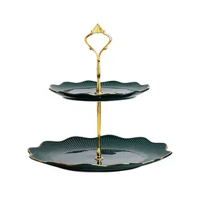 Floral Shape Green Color Cake Serving Tool For Luxury Parties Wedding Tableware Decor Desert Serving 2 Tier Cake Stand