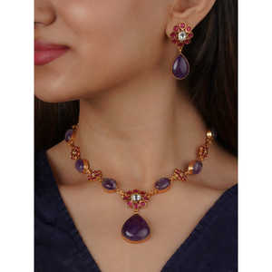 Conjunto de Collar y Pendientes de Latón Chapado en Oro de 18K con Circonitas, Ajustable, con Cierre de Hilo/Dori, Modelo CC-S27, Joyería de Moda - Product Image 3