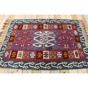 Alfombra Turca Decorativa de 3.8x5.5 pies, Alfombra Vintage, Alfombra Persa de Lana Azul y Roja - Product Image 2