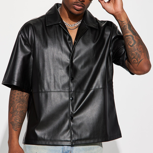 Camisas de manga larga hechas de cuero para hombre al por mayor personalizadas camisas de cuero con botones de manga sólida de la mejor calidad para hombre Rojo Negro - Product Image 3