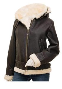 Veste d'aviateur en cuir de mouton véritable pour femme, modèle B3, avec capuche amovible en fourrure Sherpa, veste décontractée d'hiver, OEM - Product Image 4